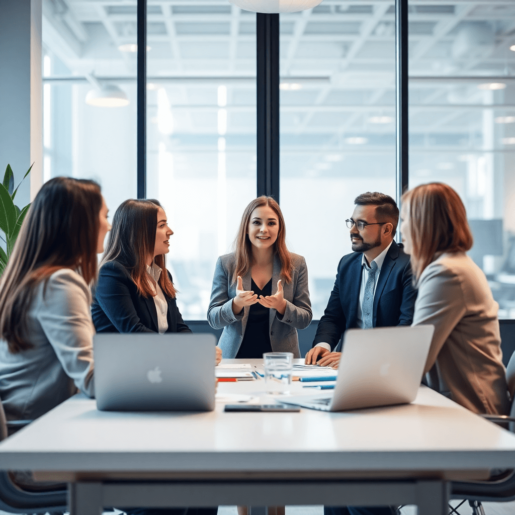 Modern professional team in a bright office space discussing business strategy, customer success meeting, contemporary workspace