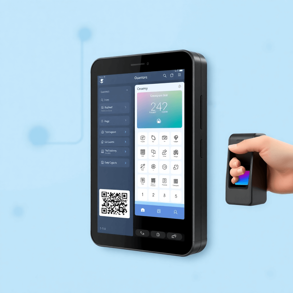 modern attendance system with QR code scanner, biometric device, and real-time occupancy dashboard