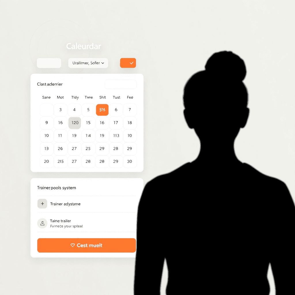 modern class booking interface with calendar view, available time slots, and trainer scheduling system