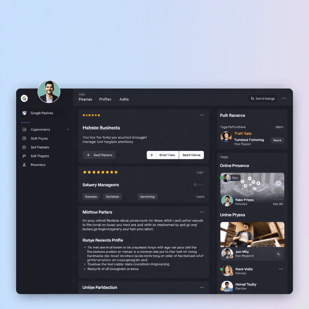 modern Google Business Profile interface with review management, local SEO tools, and online presence dashboard