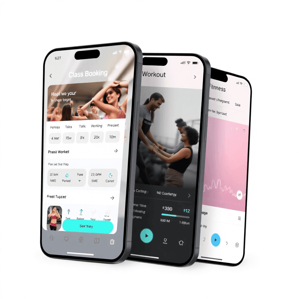 modern mobile app interface showing class booking, workout tracking, and fitness progress screens