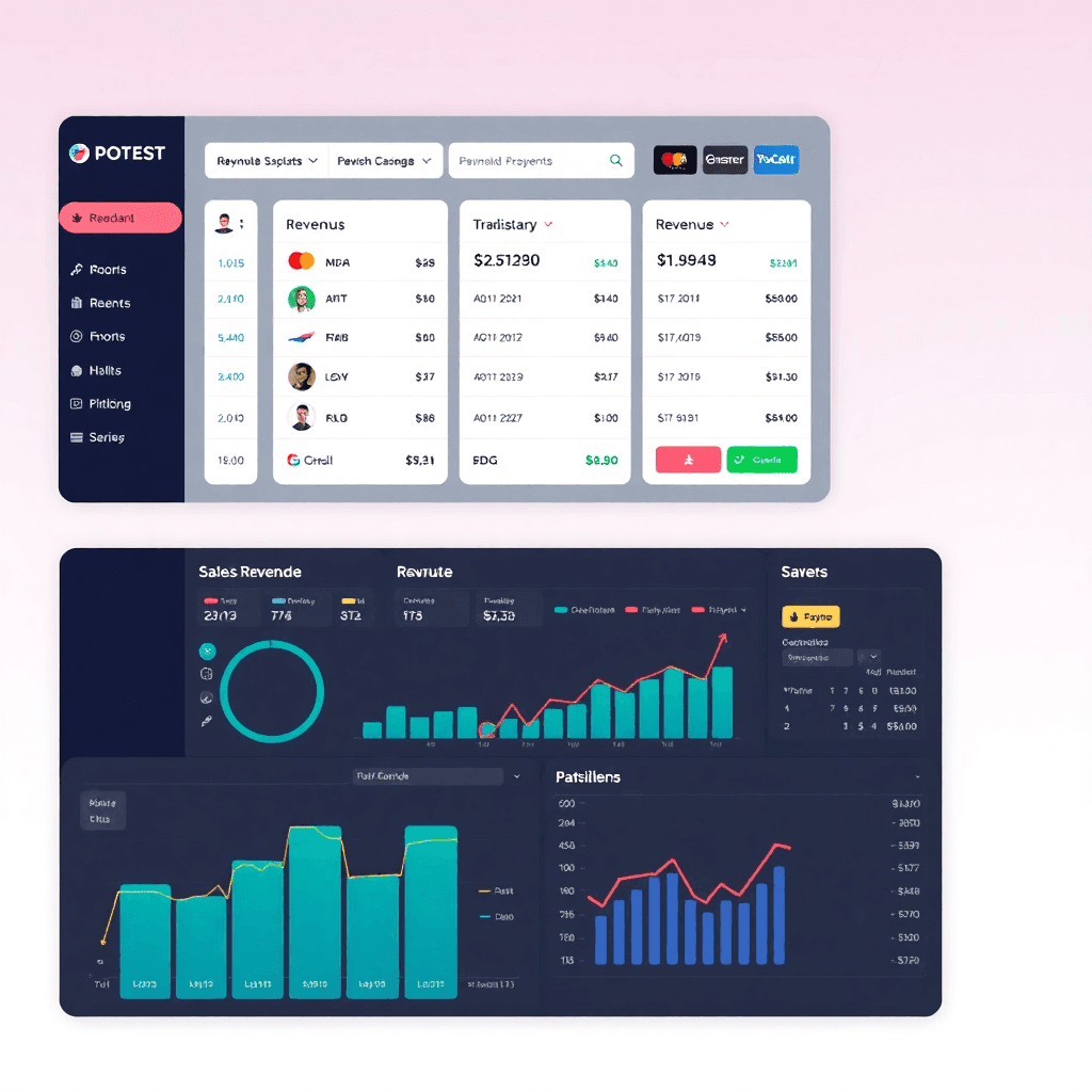 modern sales dashboard with POS system, revenue charts, and payment processing interface