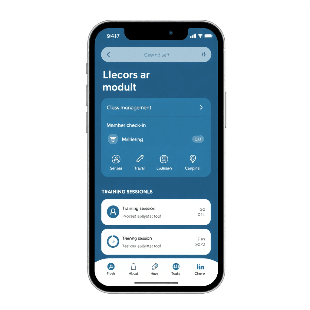 modern staff mobile app interface with class rosters, member check-in, and task management