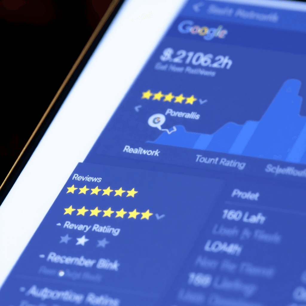 Google Business profile management interface with reviews and ratings dashboard