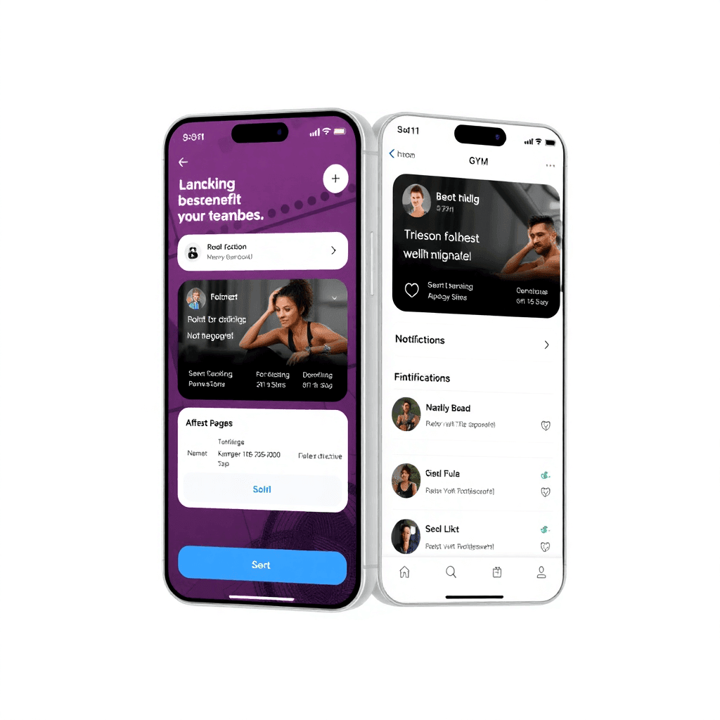 modern mobile app interface for gym members with booking features and notifications